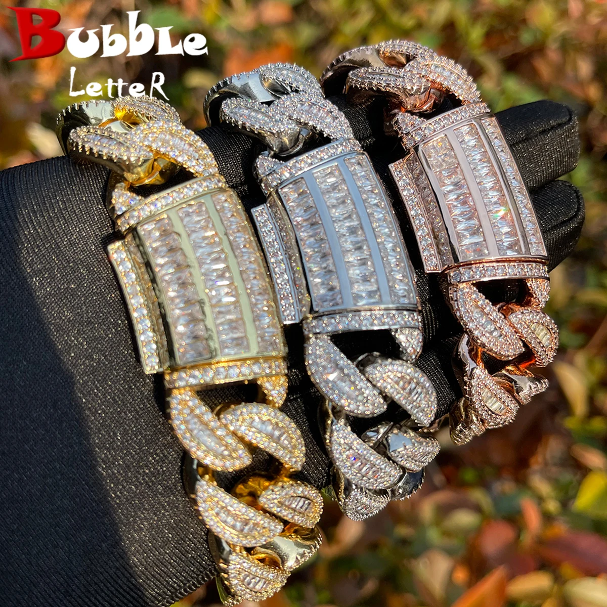 Bubble Letter Baguette Cuban Link Bracelet for Men Iced Out Prong Setting Necklace Choker Real Gold Plated Hip Hop Jewelry