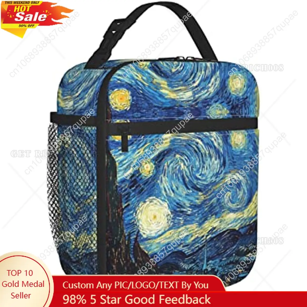 

Van Gogh Starry Sky Night Oil Painting Lunch Bag Insulated Portable Reusable Lunch Box with Zipper for Women Men Picnic Beach