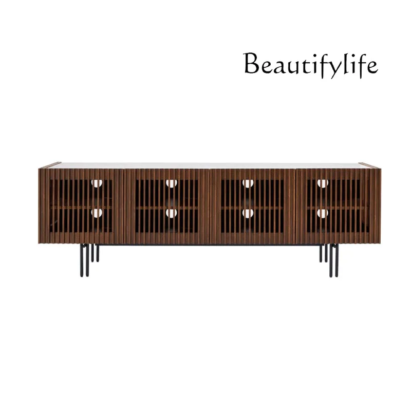 

Black Walnut Simple Grid TV Cabinet Solid Wood Living Room Stone Plate Audio-Visual Creative Design Storage Cabinet