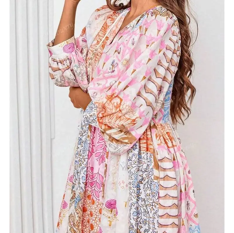 Combhasaki Donna Estate Boho Beachwear Manica a lanterna Scollo a V con cinghie Stampa floreale Abito lungo da vacanza a vita alta vestibilità ampia