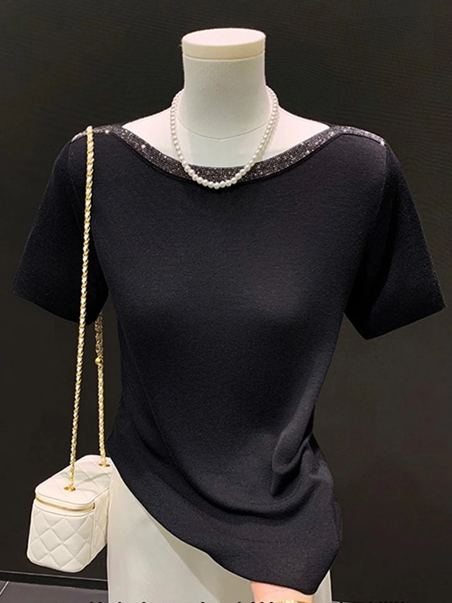 

Удобная облегающая однотонная трикотажная футболка со стразами Base irt, корейская шелковая женская мода для поездок на работу