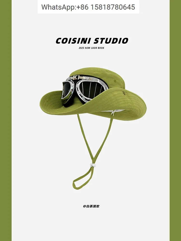 2025 new fresh green goggles mountaineering hat women's summer travel sun protection large brim fisherman hat trendy