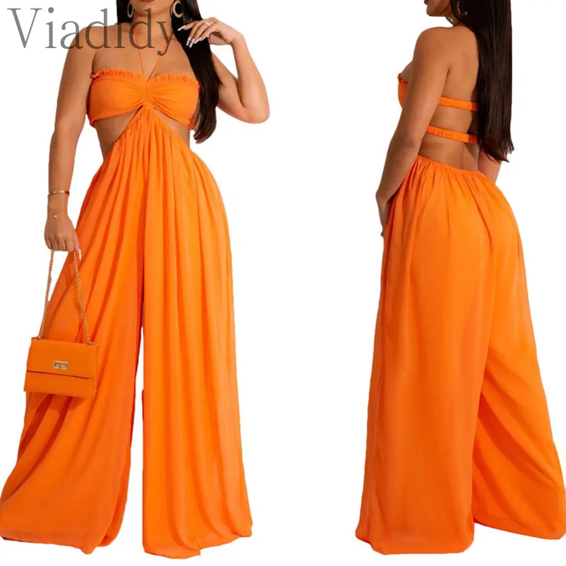 Women Solid Color Loose Halter Backless Wide Leg Jumpsuit