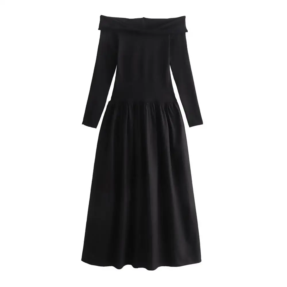 Vestido Midi fruncido de manga larga para Mujer, vestido Midi de una línea A, cuello sin tirantes, costuras, elegante, Verano