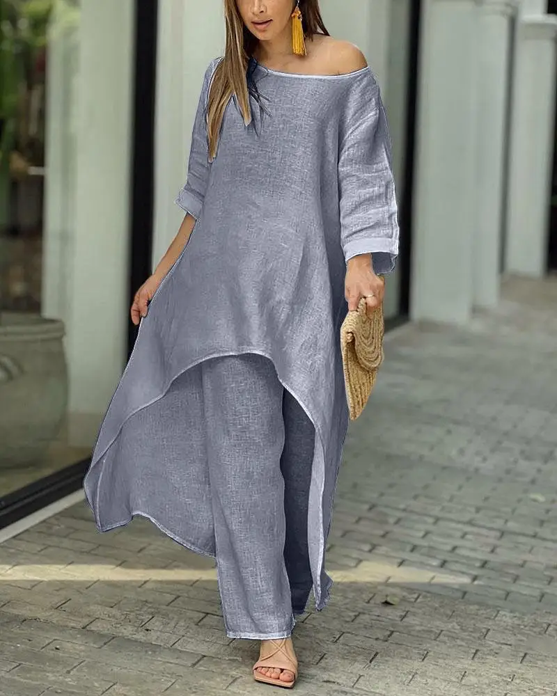 Women's Cotton Linen Suit New Summer Fashion Casual Solid Color Irregular Long-sleeved Suit Wide Leg Suit For Women 2 Pieces