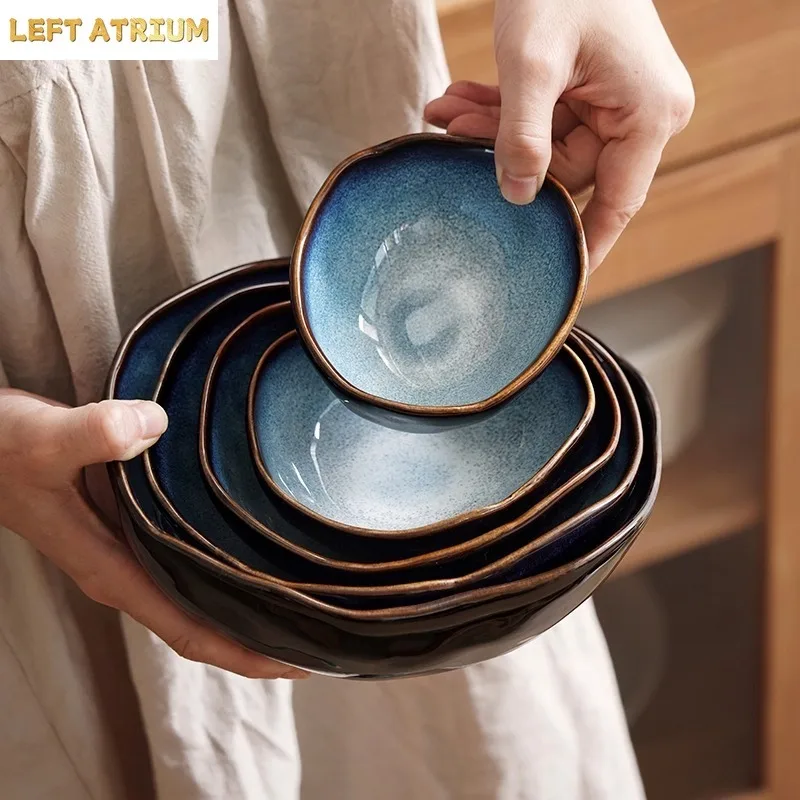 Flame-Killed Irregular Ceramic Bowl Retro Soup Bowl Pasta Bowl Salad Bowls Serving Bowls Restaurant Molecular Cuisine Tableware