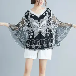 Fashion V-Neck Lace Embroidery Batwing Sleeve Blouses Women's Clothing 2024 Summer New Loose All-match Tops Office Lady Shirts