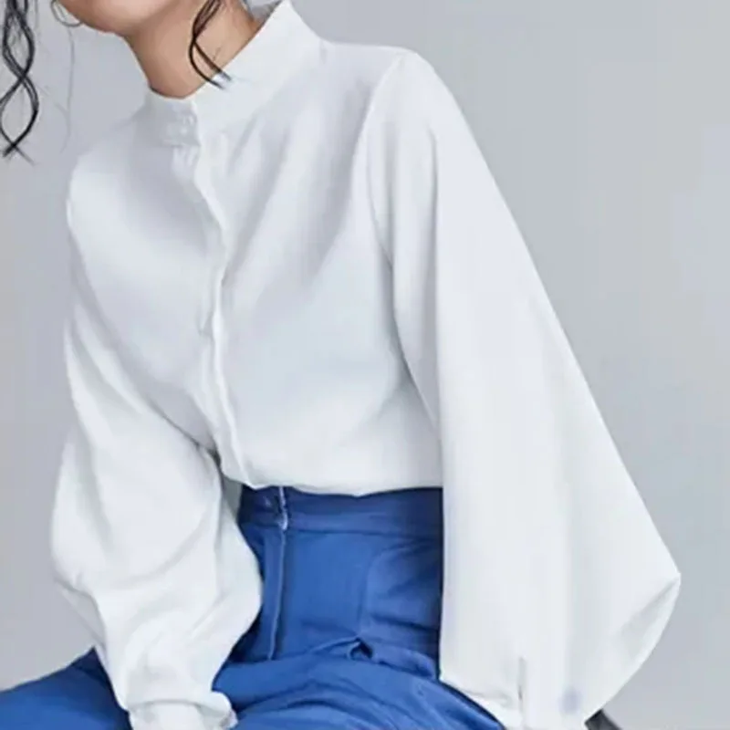 Women Solid Shirt Elegant Stand Collar Lantern Long Sleeve Female Blouse Summer Korean Fashion Office Button Ladies Tops