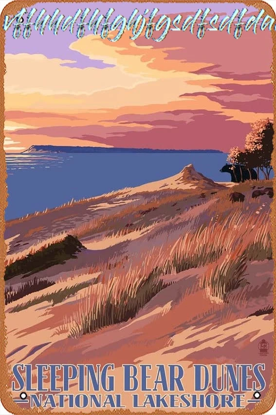 AirBnk Tin Sign Vintage Sleeping Bear Dunes National Lakeshore,Michigan,Dunes Sunset And Bear Bar Club Family Bathroom Toil sign