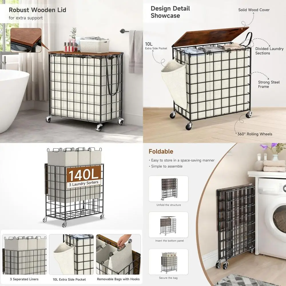 

Сверхмощная 3-секционная корзина для белья на колесиках с деревянной крышкой, большая вместимость, бежевая