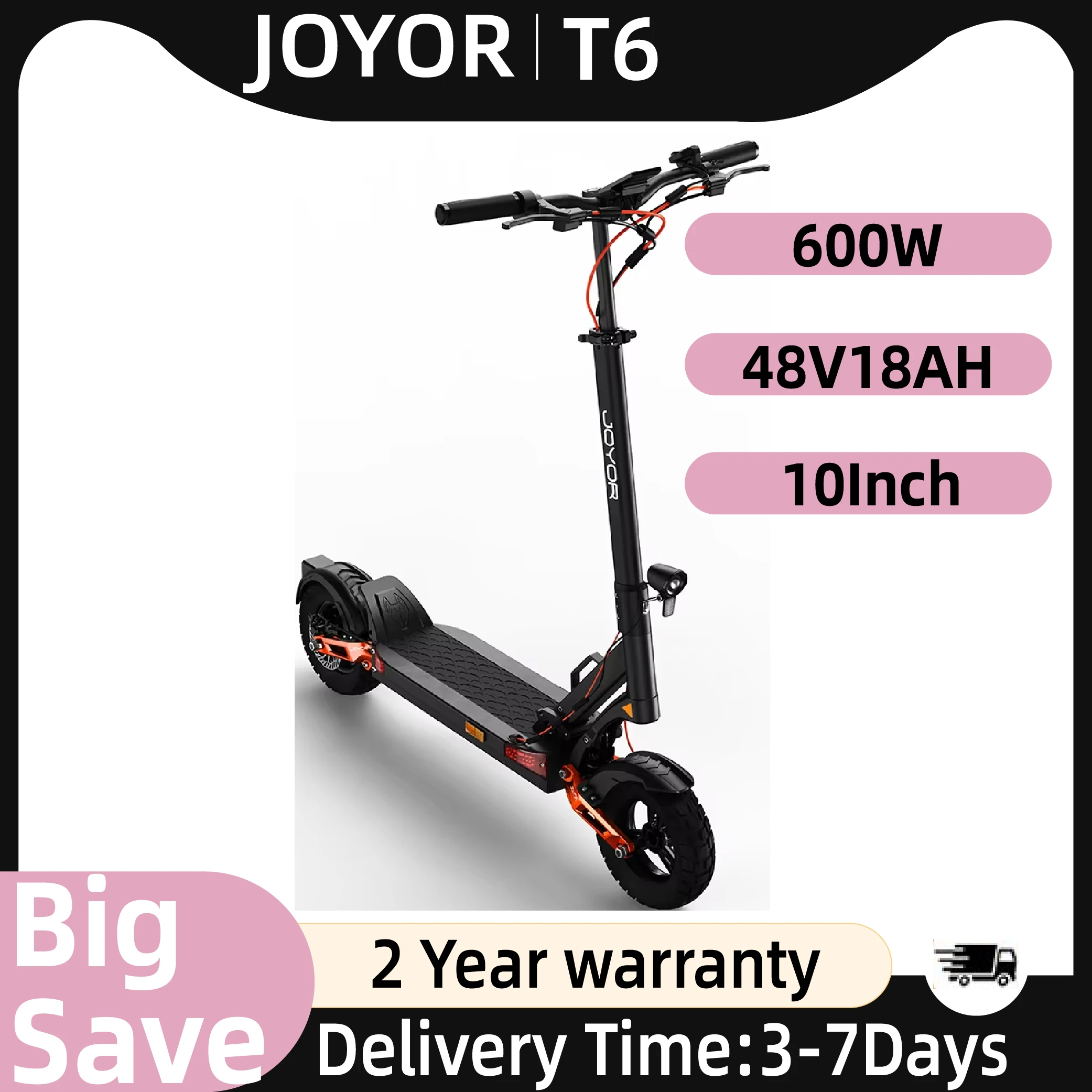 Trottinette électrique pour adultes JOYOR T6, moteur 600W, batterie 48V18AH, pneus tout-terrain de 10 pouces, trottinette électrique pliable pour la ville