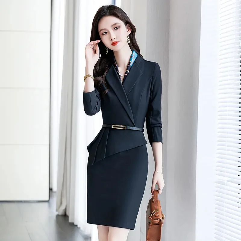 

Women's Solid Color Pullover Lapel Long Sleeve Belt Fashion Casual Commuting Suit Dress
