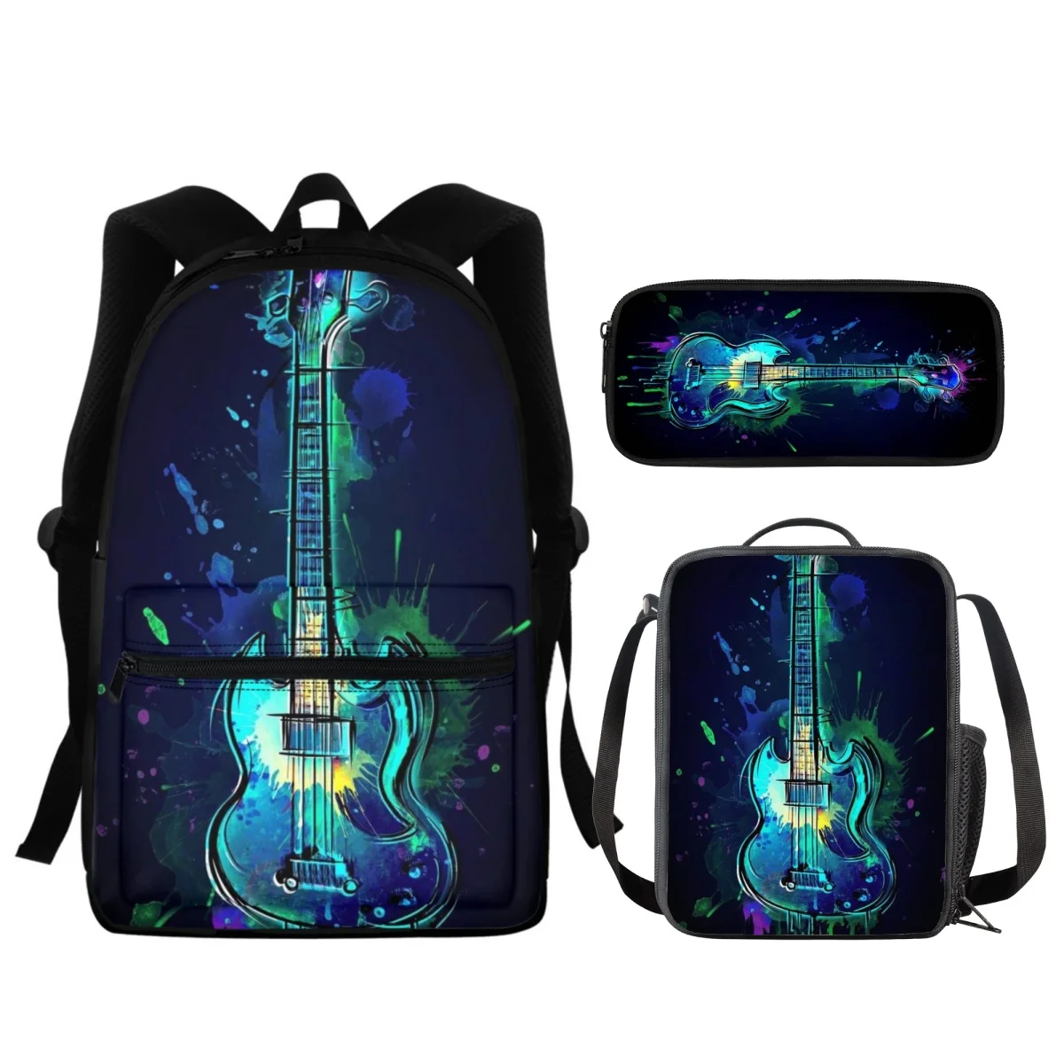 FORUDESIGNS Guitar Flame Design Bookbags 3 pz/set astuccio per matite studenti spalla diagonale pranzo borsa musica portatile Mochila