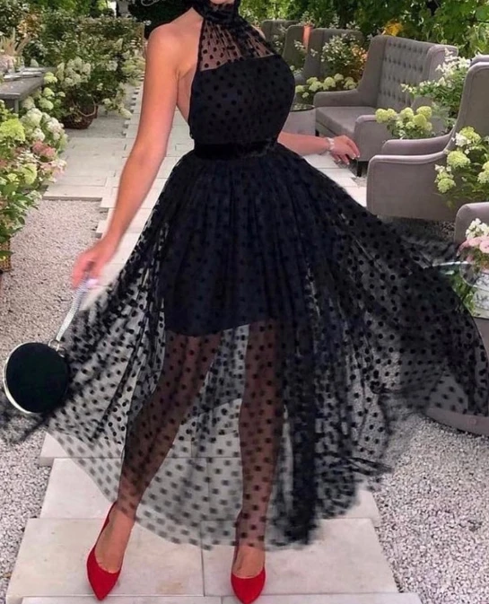 

Women's Summer Dress with A Hanging Collar, Black Mesh Polka Dot Sleeveless Off Shoulder Back, Fashionable Waistband Long Skirt