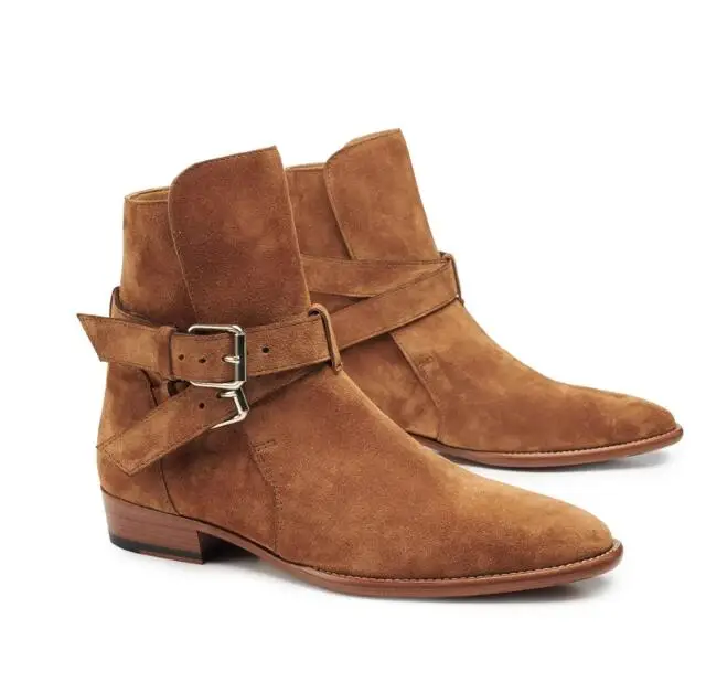 British Style Double Straps Buckle Tan Cow Suede Ankle Boots Pointed Toe Men Square Heel Slip On Chelsea Boots Zapatos Hombres