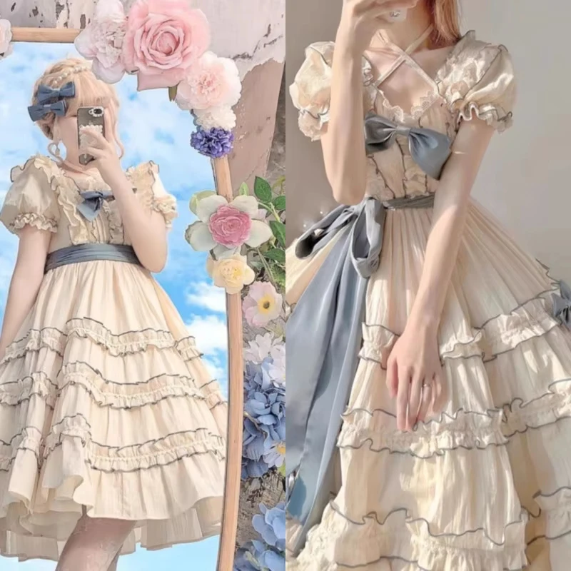 

JK Bow Tie Tied Cake Dresses Lolita Y2K Princess Skirt Japan Ruffle Edge Fluffy Skirt Cute Sweet French Tea Break A-line Dresses