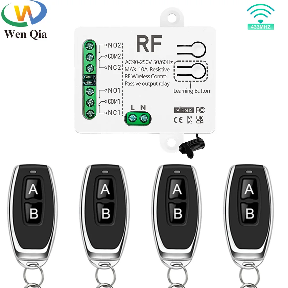 

Беспроводной пульт дистанционного управления RF 433 МГц, реле-приемник 2-канальный 2300 Вт для двигателей, освещения, гаражных ворот, шлагбаумов (AC110V/220V)