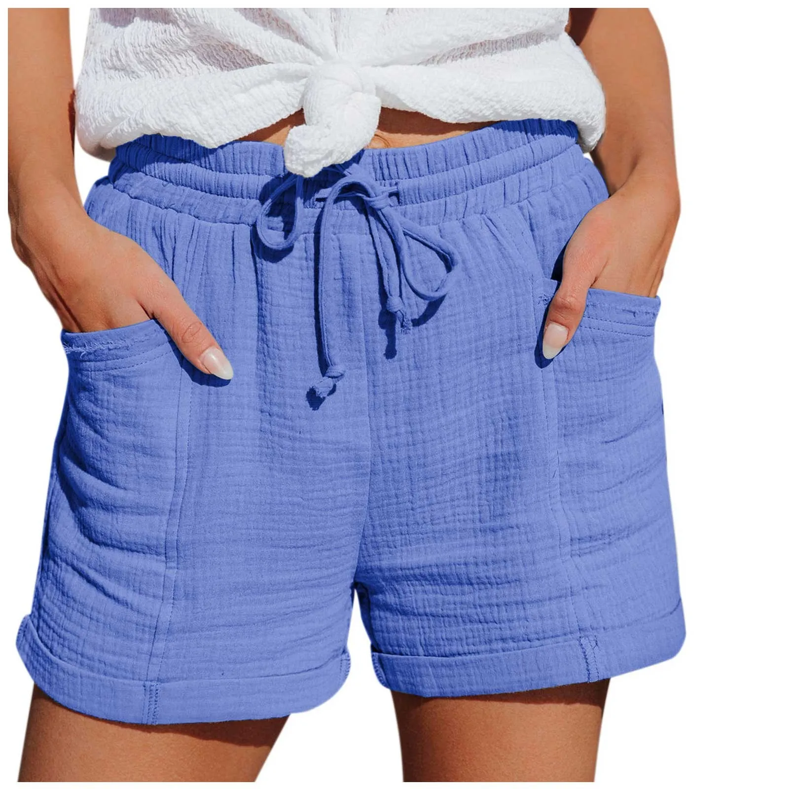 

Summer Women's Shorts Solid Colour Casual Drawstring Elastic Waist Shorts Beach Pants Loose Comfortable Pocket Sports Shorts