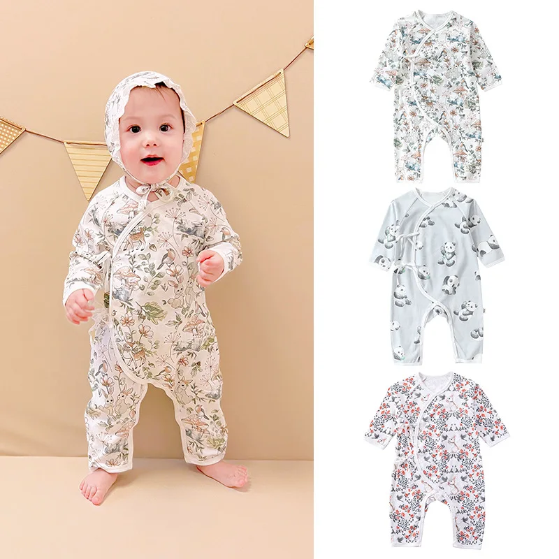 

Infant Girls Bodysuit Spring Autumn Over Print Long Sleeve Side Button V Collar Muslin Newborn Girls Jumpsuit Baby Girls Romper