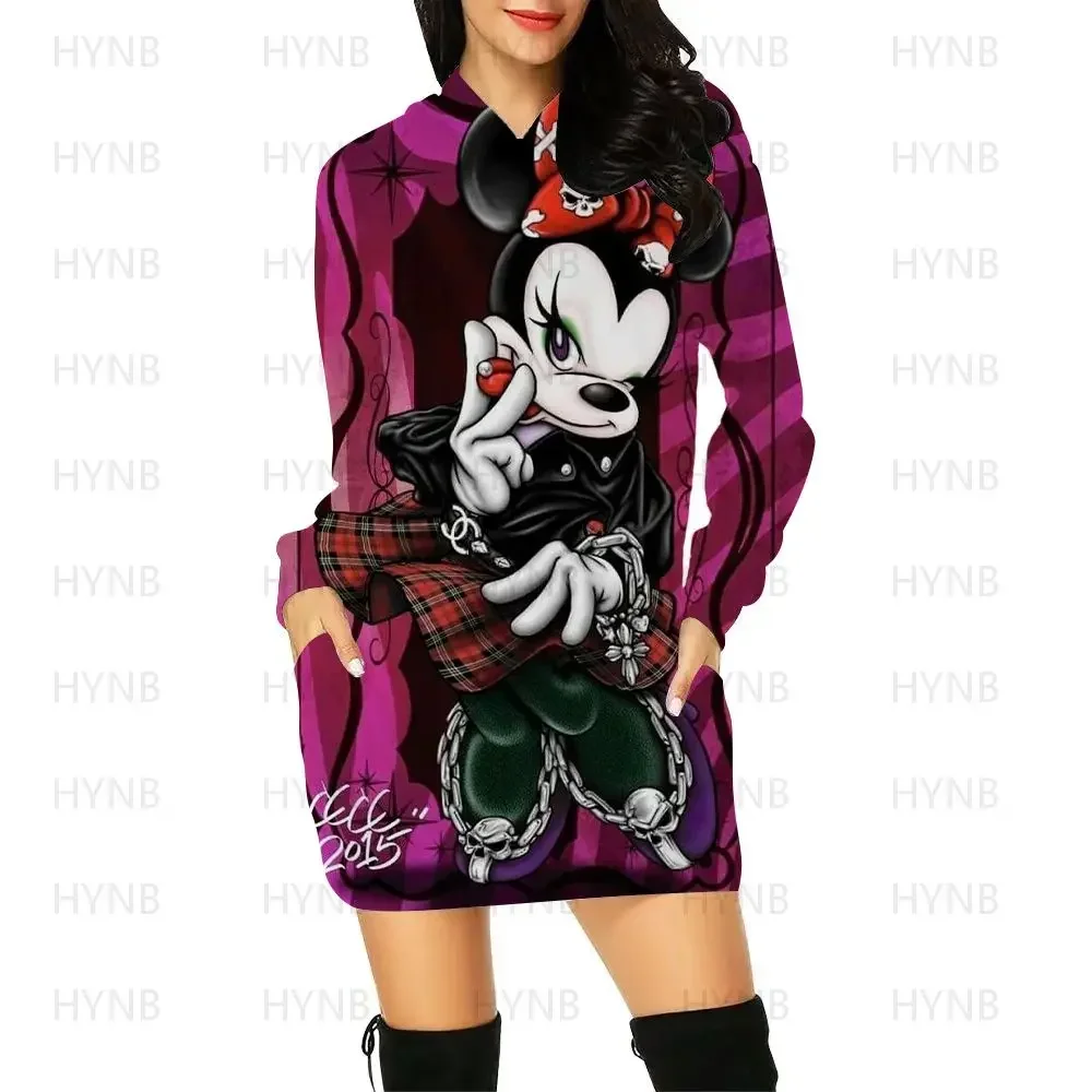 Long Sleeves Dresses Cartoon Elegant Women Minnie Mouse 2022 Disney Y2k Sweater Dress Women\'s Party Mini With Hood Mickey Hoodie