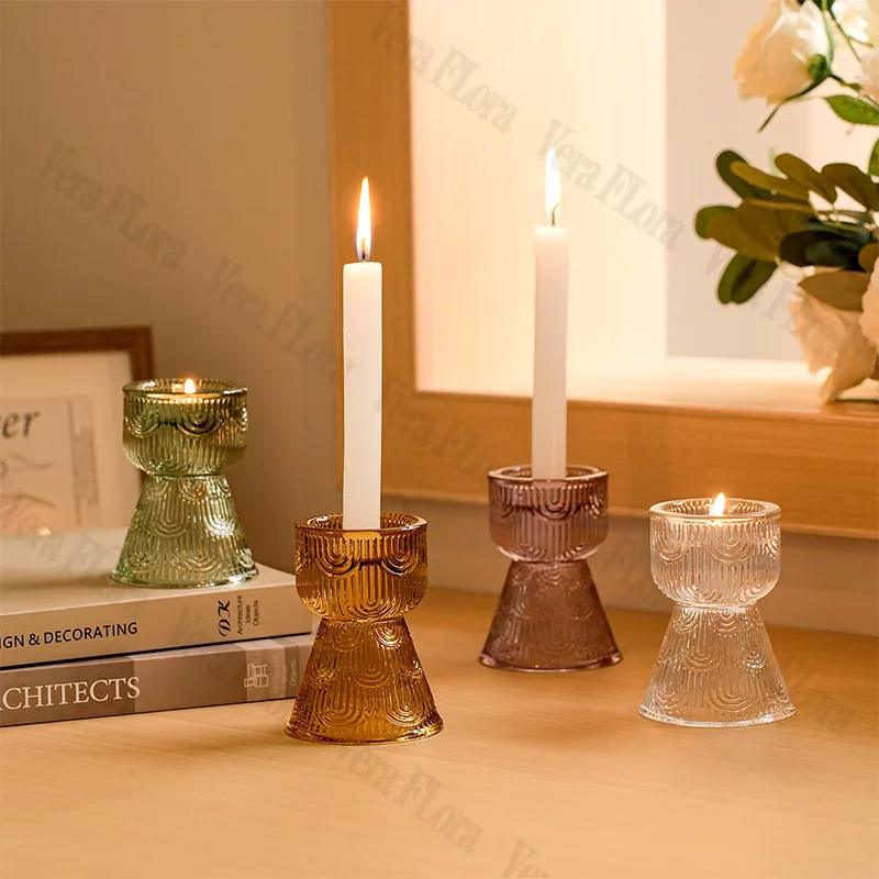 Simple Colored Striped Glass Candle Holder Creative Dual-use Candle Holder Candle Cup Vintage Household Holder Ornament