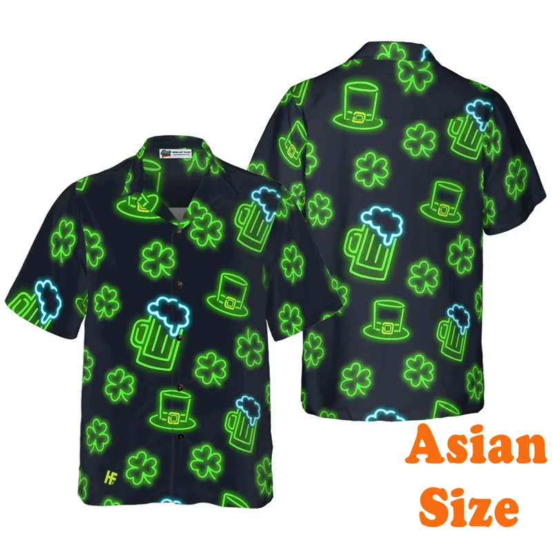 Green Theme Lucky Shirt For Men's Clothing St Patrick Day Festival Street Trend Shirts Short Sleeve Lapel 2025 Skull Print Top