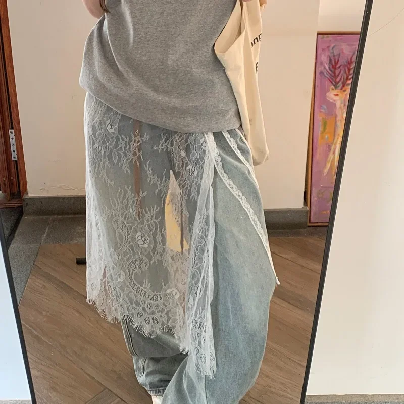 

Women Lace Drawstring Design Elegant Korean Style Spring Summer A-line High Waist Irregular Side Slit Fashion Street Midi Skirts