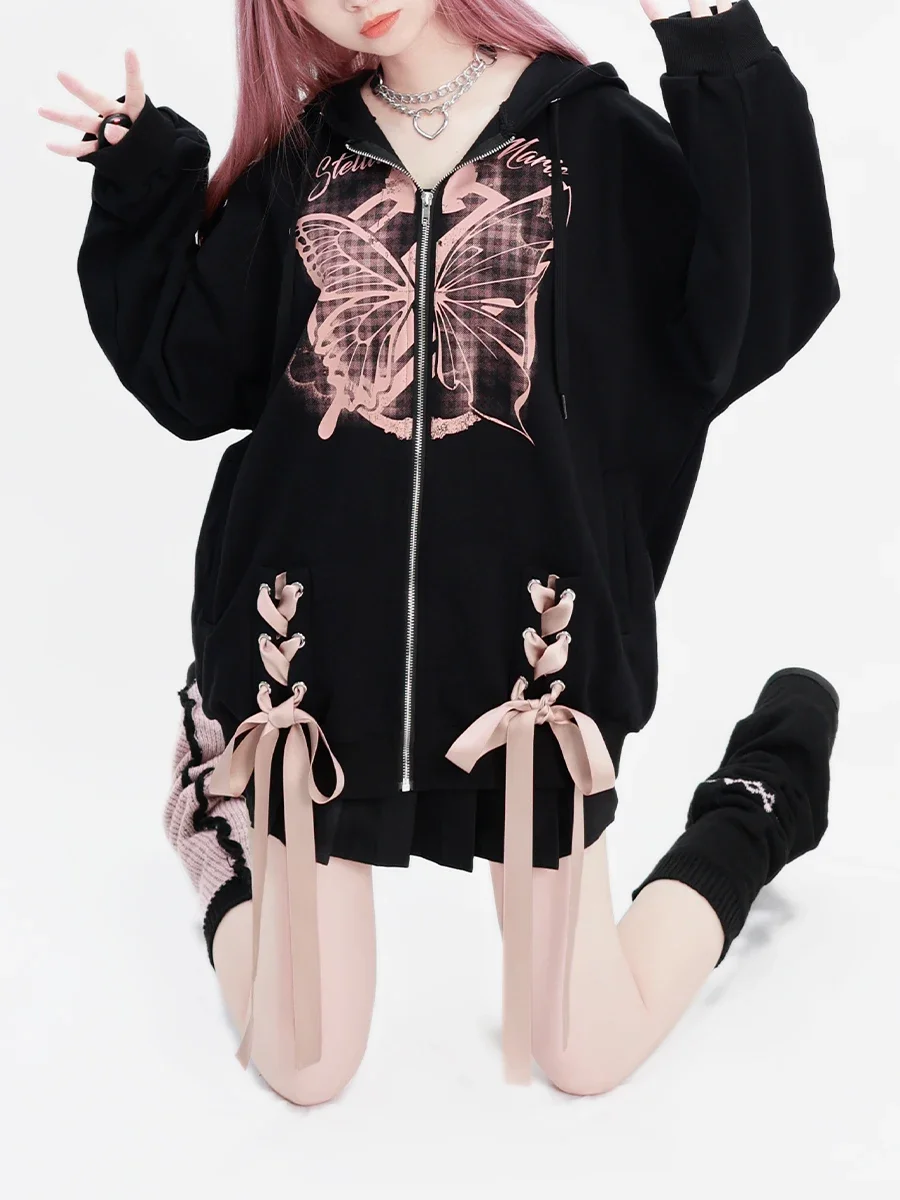 Autumn and Winter New Girls Long Sleeve Ribbon Printed Loose Hooded Zipper Hoodie Coat Female Casual Loose Black Cardigan