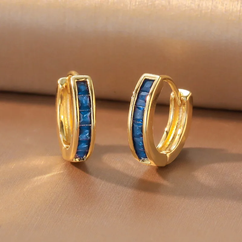 Simple Temperament Single Row Rectangle Channel Colored Zircon Huggie Hoop Earrings for Women Colorfast Stainless Steel Jewelry