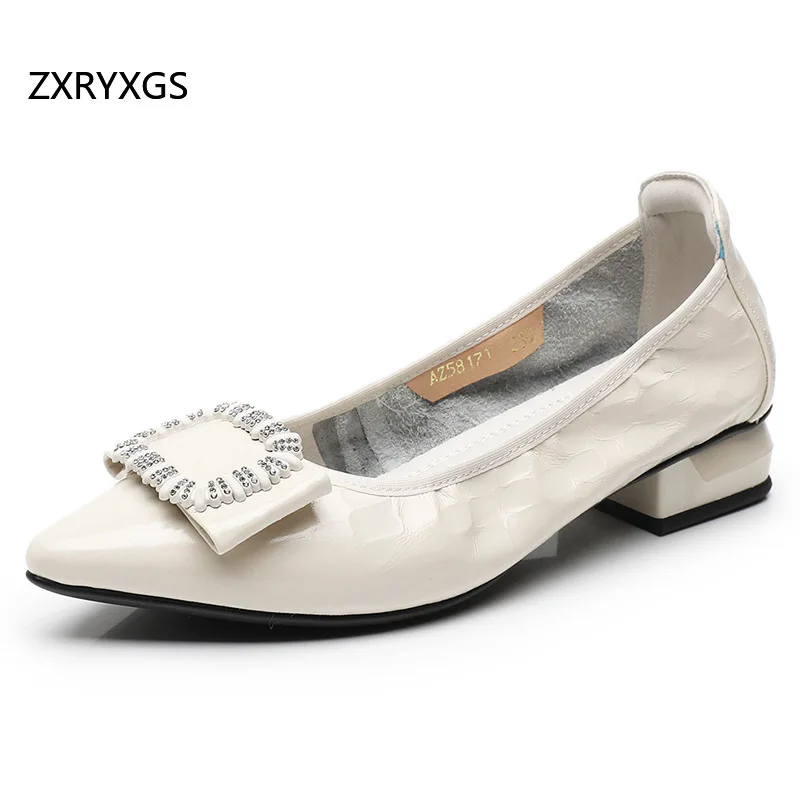 ZXRYXGS Premium Cowhide Pointed Bow Elegance Fashion Low Heels 2025 New Autumn Genuine Leather Trendy Shoes Women Large Size 43