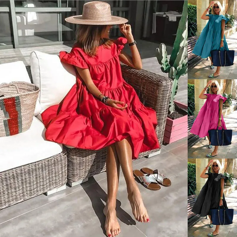 

Retro Oversized Patchwork Dress Women's Elegant O-Neck Ruffle Sleeve Midi Dresses Summer Female A Line Ruffled Sundress Vestidos