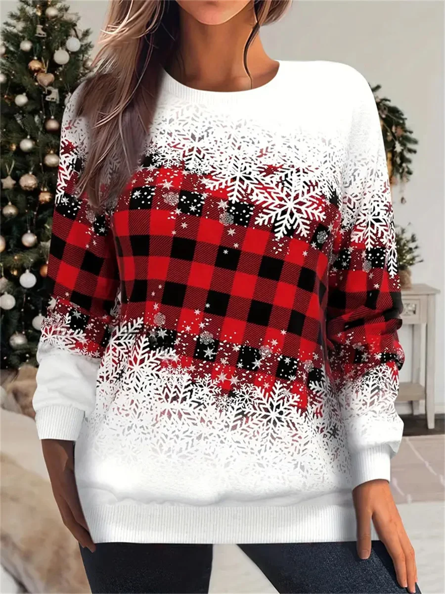 

2023 Christmas snowflake and plaid women's autumn and winter printed long-sleeved round neck pullover large size sweatshirt