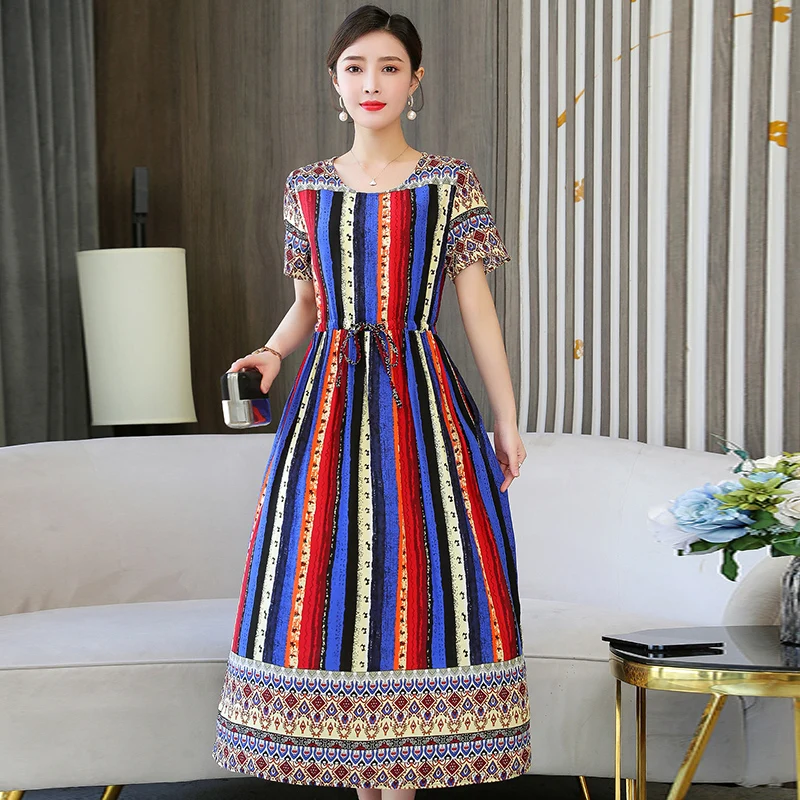 18 Colors Summer Elegant Women Long Dress 2023 Casual O-Neck Print Ladies Boho Dress Summer Draw String Vintage Women Sundress