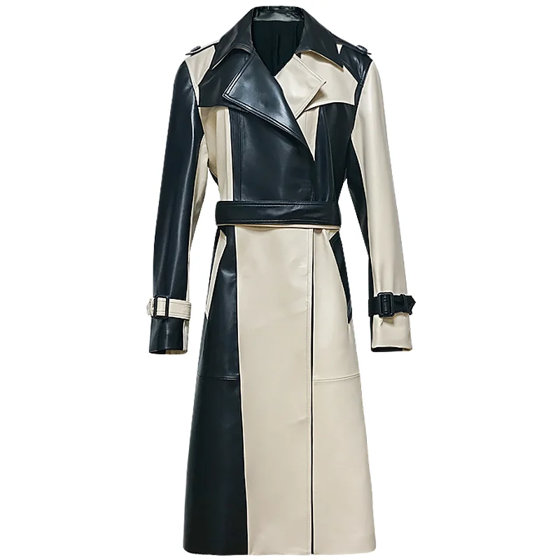 Elegant Long Genuine Leather Jacket for Women High-end Simple Black White Contrast Design Slim Belted Real Sheepskin Trench Coat
