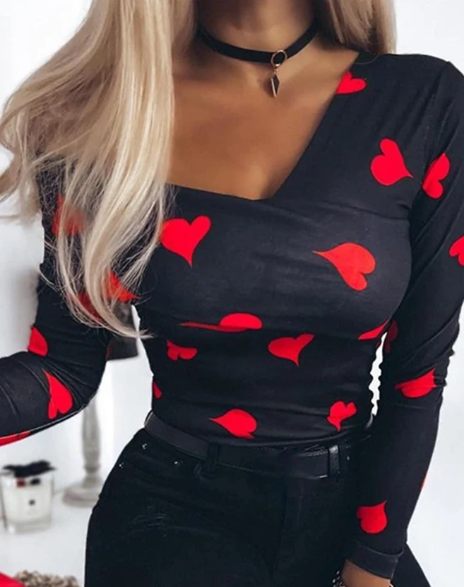 Top Women 2024 Spring Fashion Heart Print Asymmetrical Neck Casual Long Sleeve Skinny Daily Tee Top Y2K Clothes