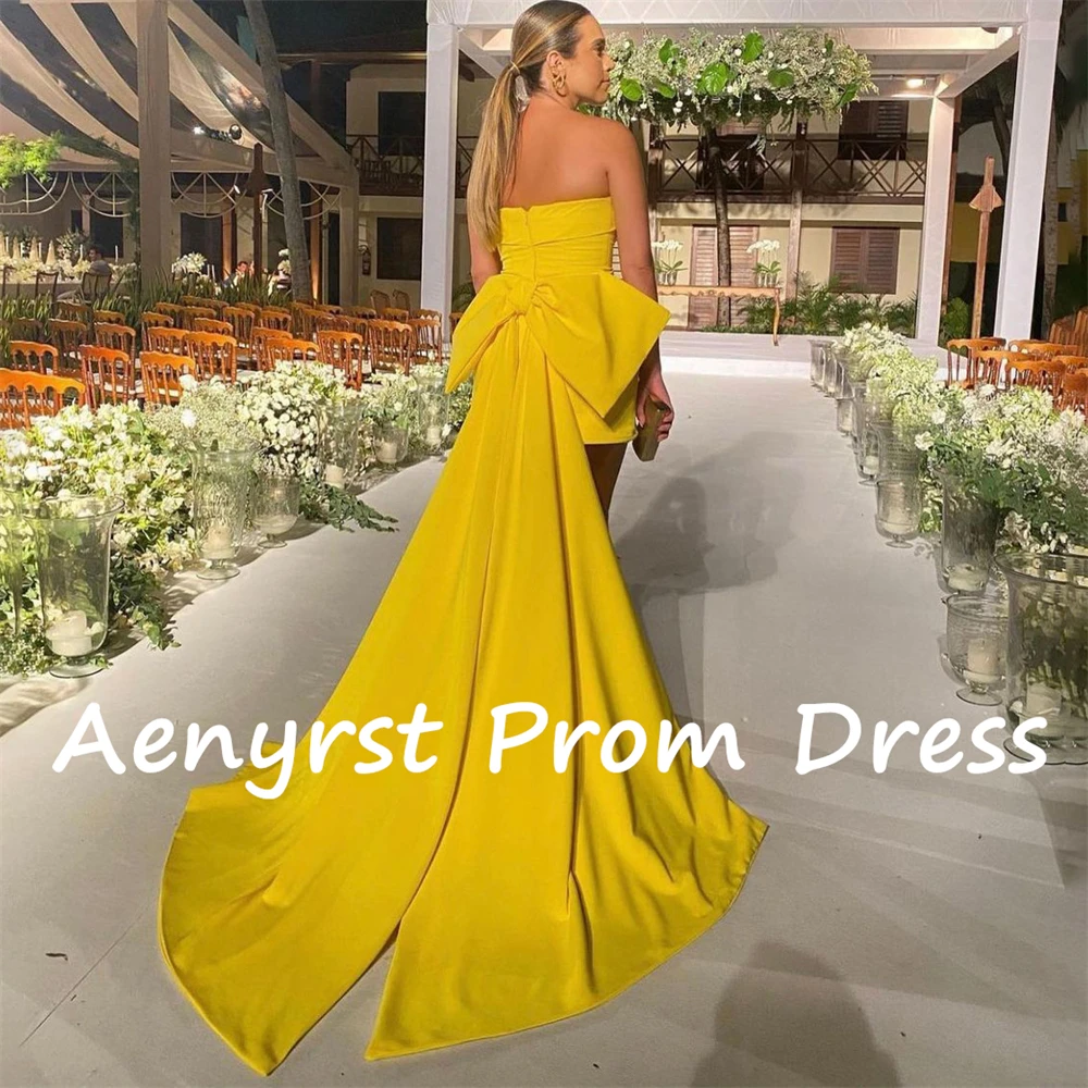 Aenyrst Saudi Arabia Mini Large Bow Cocktail Dresses Satin Strapless Backless Prom Gowns Yellow Dinner Party Dress فساتين السهرة