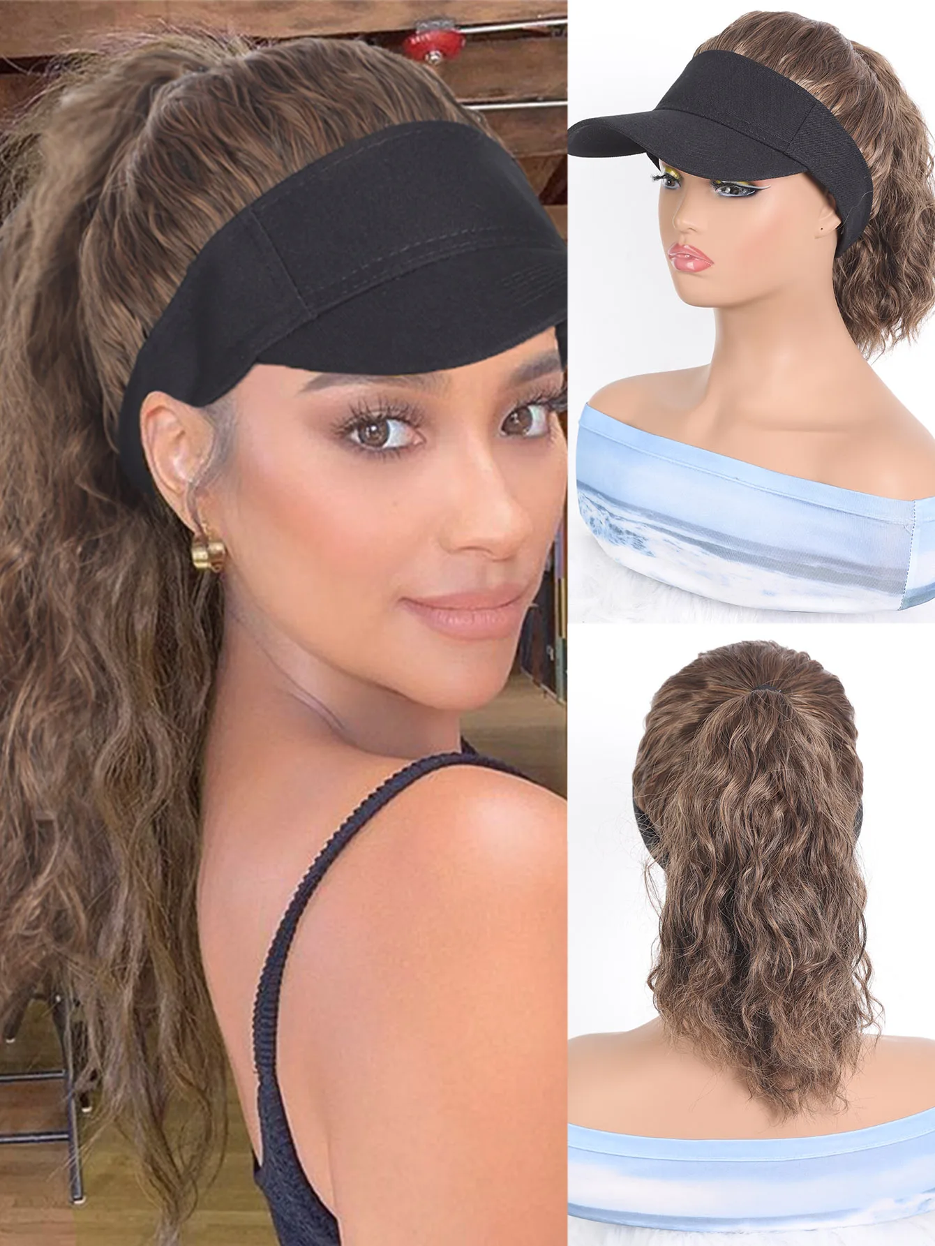 Synthetic Natural Curly Hair Ponytail Extension Wig Travel Beach Shade Black Baseball Cap All-in-one Easy to Wear Hat Wig