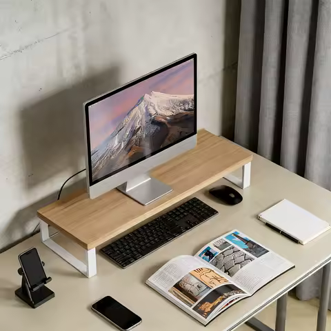 Suporte de Monitor Moderno Minimalista de Madeira com Estrutura Metálica, Prateleira Organizadora de Mesa para Escritório e Casa