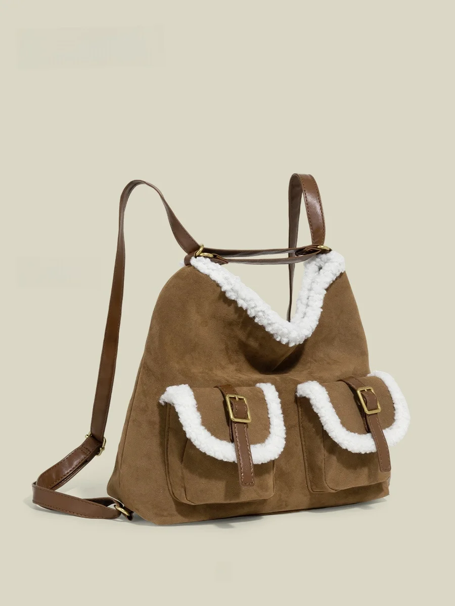 

Korean Sle Suede Lamb Fur Double oulder Bag Women's Large Capaci Crossbody Bag Daily Commuting Tote Bag for Ladies