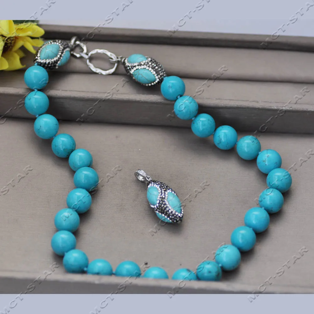 

Z14362 22 дюйма 36 мм зелено-синее круглое ожерелье из натуральной бирюзы с подвеской в виде челнока с фианитом