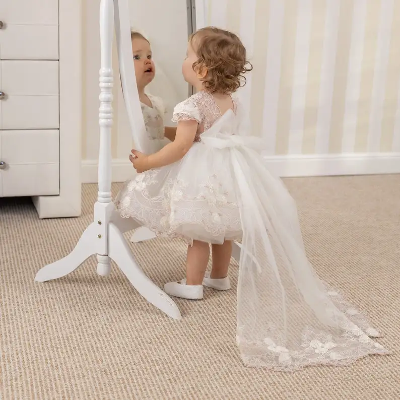 

Bohemian 3D Lace Baby Dress with Train: Baptism or Flower Girl