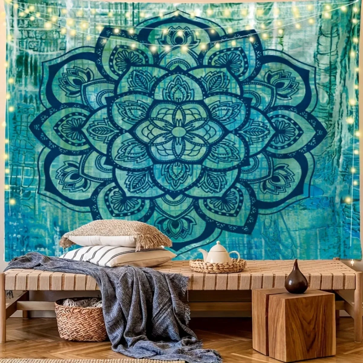 2D Plano - 1 Tapiz Mandala Bohemio | Colgante Gótico de Sol y Pared, Tela Azul y Verde Azulado Piel de Melocotón Beige Claro, In