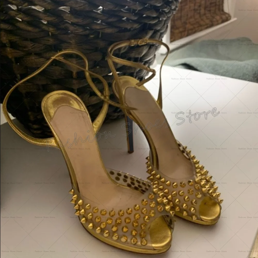 

Gold Rivets Decor Peep Toe Sandals Buckle Strap Women Shoes Stilettos High Heels Party Banquet Dating 2025 Zapatos Para Mujere