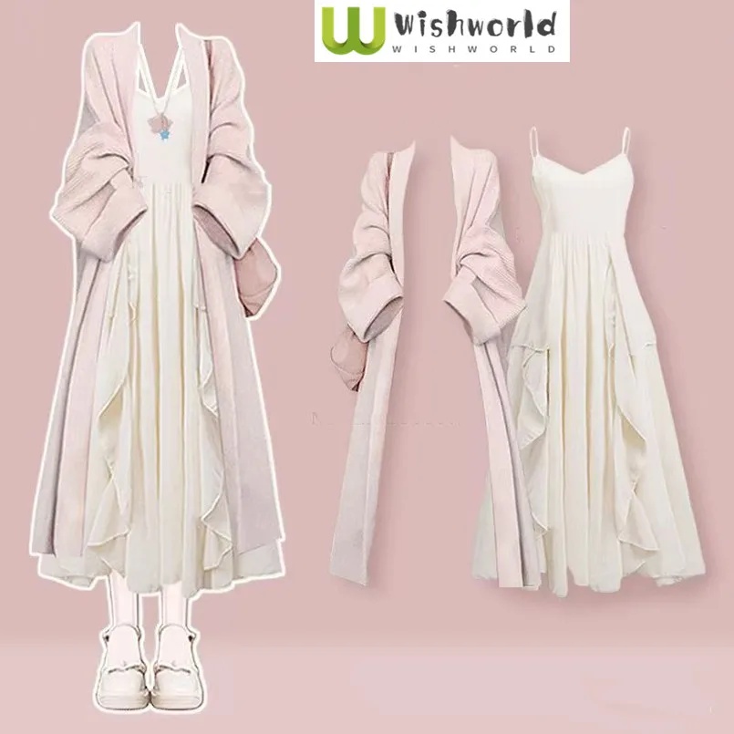 

Fashion Set Women's Spring and Autumn Long Knitted Sweater Top+irregular Suspender Dress Two-piece Set