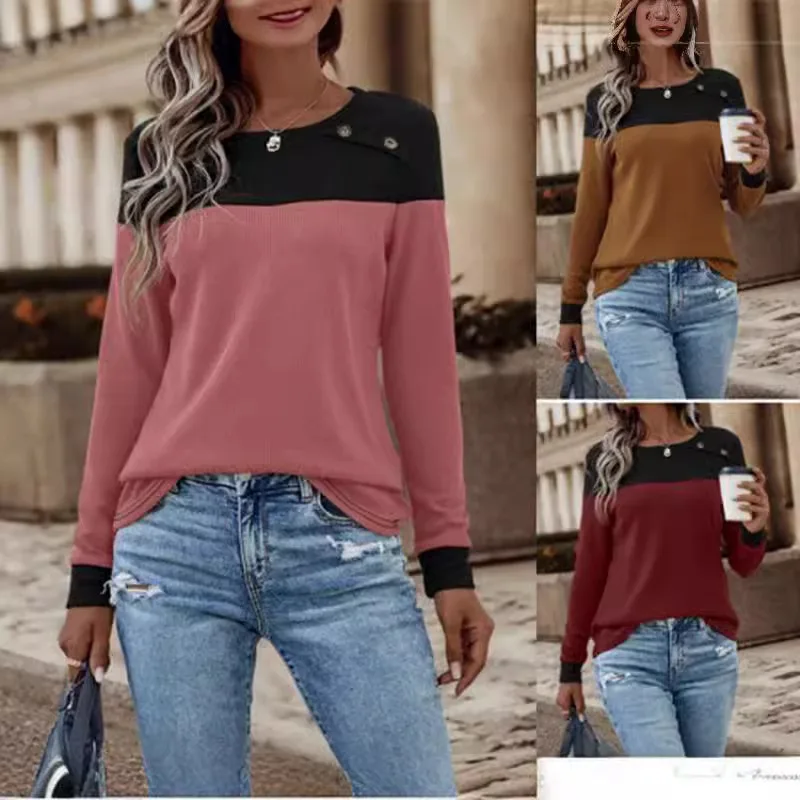 

Elegant Women's Fashion Loose T-shirt Round Neck Long Sleeve 2024 New Autumn/Winter Splicing T-shirt Womans Tops Y2k Clothes