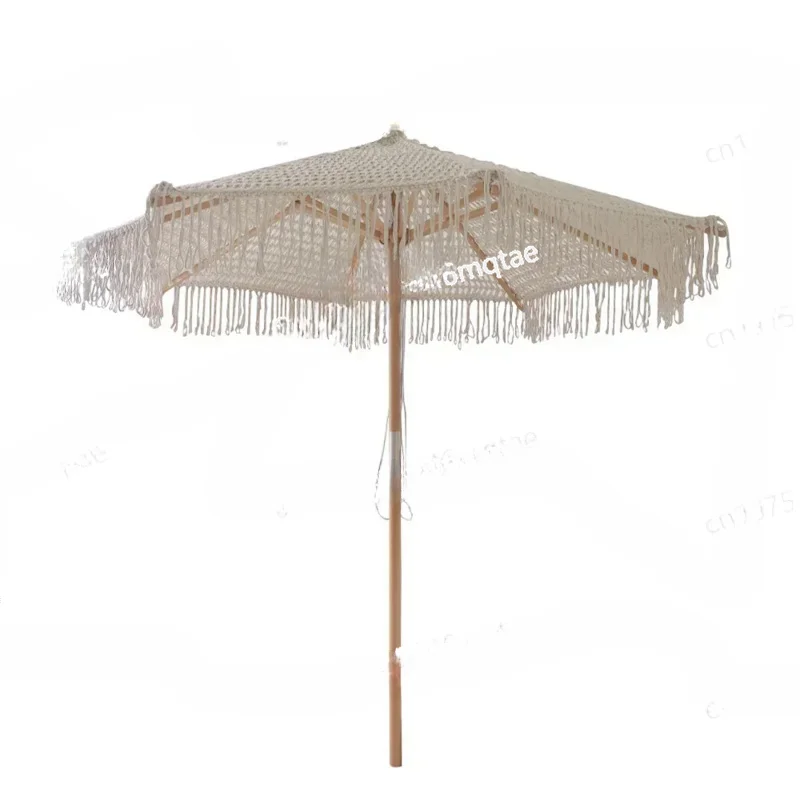 Bohemia Cotton Rope Parasols 2.5M Wooden Pole Handmade Tassels Woven Canopy Beach Umbrella with Macrame Fringe