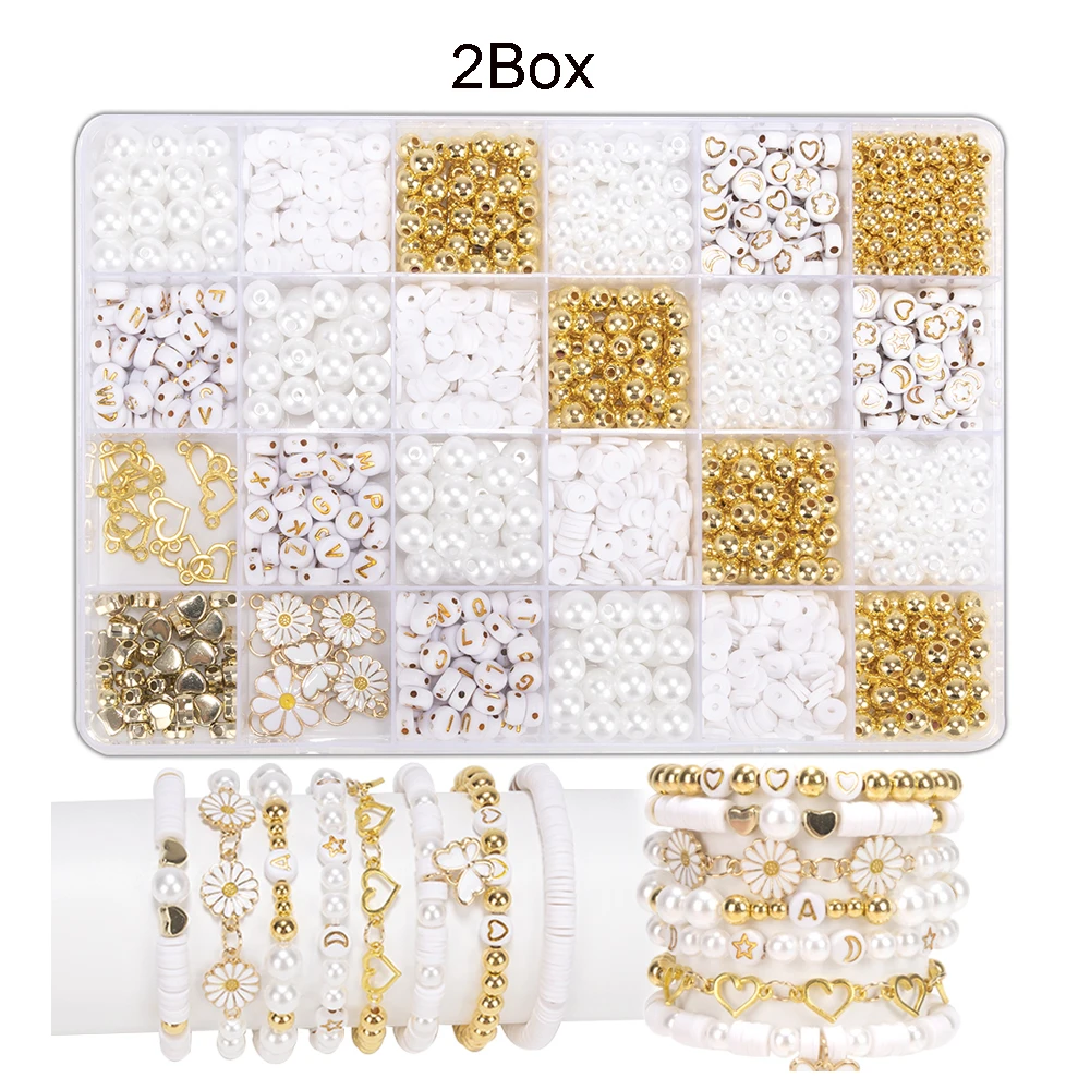 DIY Klei Kralen Armband Maken Kit, Platte Kralen voor Vriendschap Sieraden Maken, Parel Polymeer Kralen met Bedels Cadeaus voor Meisjes - afbeelding 1