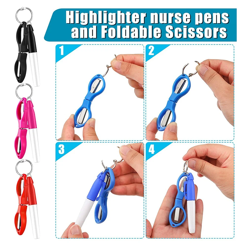 15Pc Nurse Pen Set Permanent Markers Fine Point Nurse Pen Pack Silver Ring Nursing Scissors Keychain Scissors Multicolor