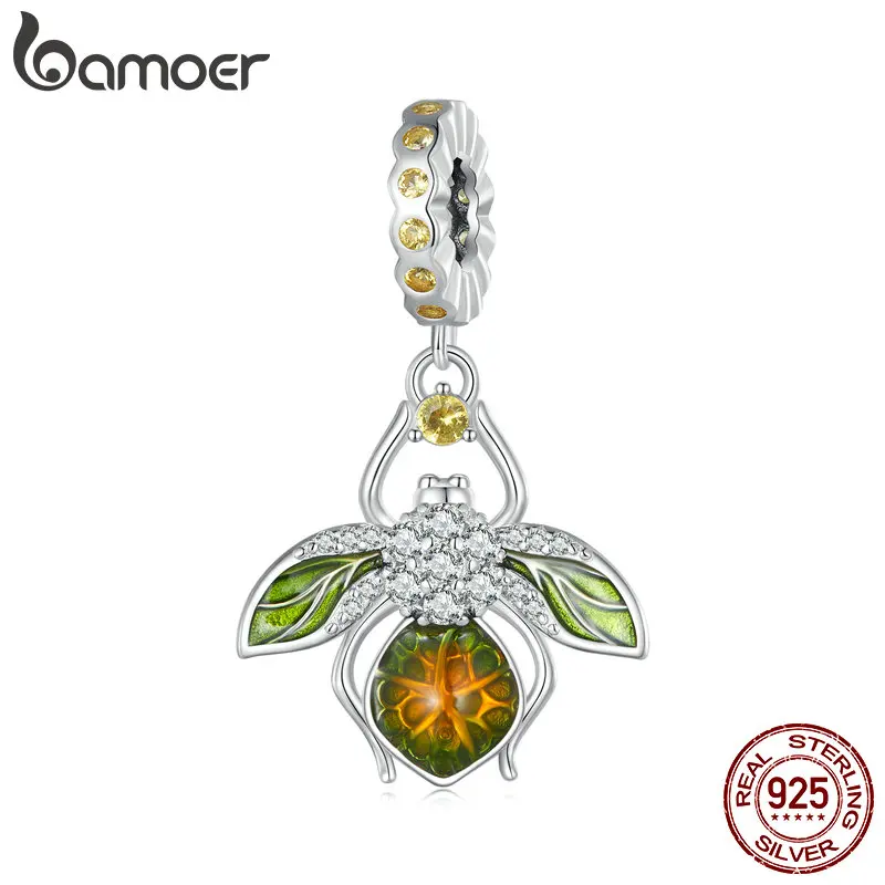 Bamoer 925 Sterling Silver Lemon Bee Pendant Charms Insect Bead for Women Original Bracelet and Bangle Fine Jewelry BSC882