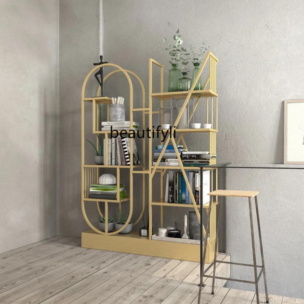 02Wrought iron creative floor bookshelf shelf shelf flower stand partition store display shelf bookcase